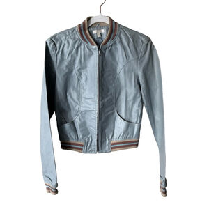 Kookai Blue Leather Bomber Jacket Size 36 Small Y2K Vintage Moto Made Slovenia
